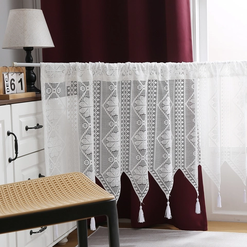 Cantonnière de Fenêtre en Dentelle Blanche Style Américain Rideau Court en Polyester Avec Glands pour Salon Décoration Maison