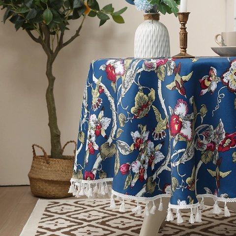 American Vintage Floral Bird Print Tablecloth With White Tassels Heat Insulated Polyester Table Cover For Kitchen Dining Room