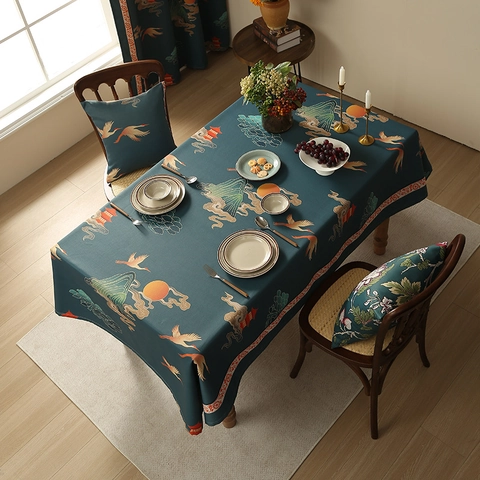 Rectangular Tablecloth Cotton Linen Waterproof Oilproof Vintage Floral Chinese Style Home Dining Table Cover Decorative