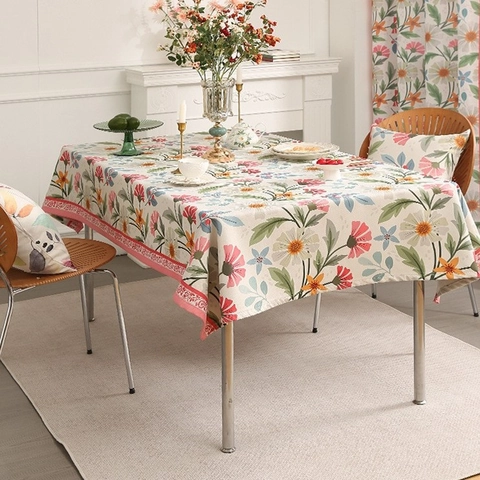 Waterproof Oilproof Cotton Linen Tablecloth Floral Crane Pattern Rectangular Dining Table Cover Retro Kitchen Home Decor
