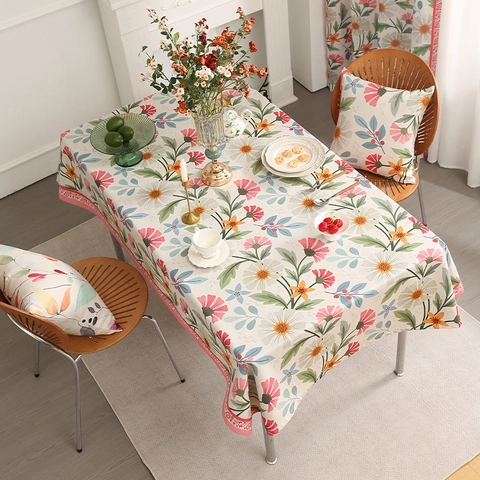 Waterproof Oilproof Cotton Linen Tablecloth Floral Crane Pattern Rectangular Dining Table Cover Retro Kitchen Home Decor