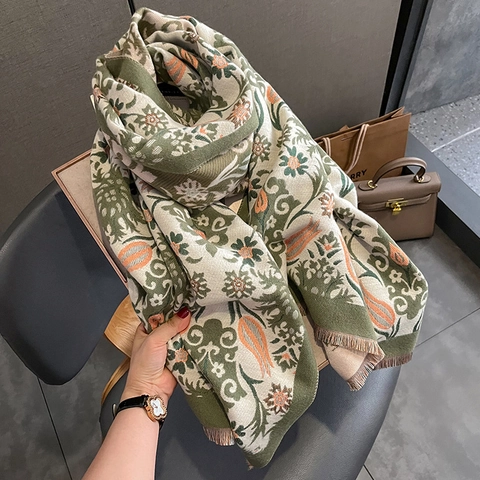 Vintage Blumenschal Schal Warm Verdickter Kaschmir-Imitat Jacquard Mit Quasten Für Damen Winter Retro