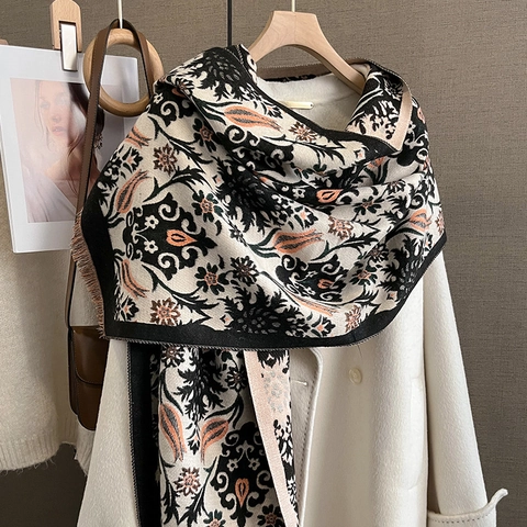 Vintage Blumenschal Schal Warm Verdickter Kaschmir-Imitat Jacquard Mit Quasten Für Damen Winter Retro