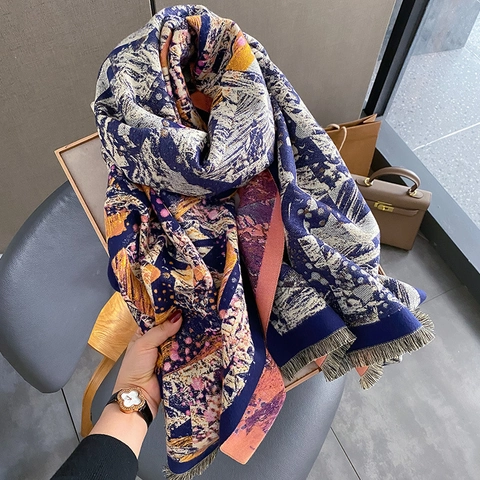 Sciarpa Invernale Da Donna Scialle In Finta Cashmere Spessa Stampa Geometrica Astratta Calda Pashmina Con Frange Blu Navy