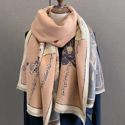 Sciarpa Scialle Invernale Da Donna Imitazione Cashmere Ispessita Calda Stampa Loto Nappine Elegante Versatile
