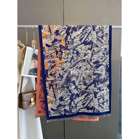 Sciarpa Invernale Da Donna Scialle In Finta Cashmere Spessa Stampa Geometrica Astratta Calda Pashmina Con Frange Blu Navy