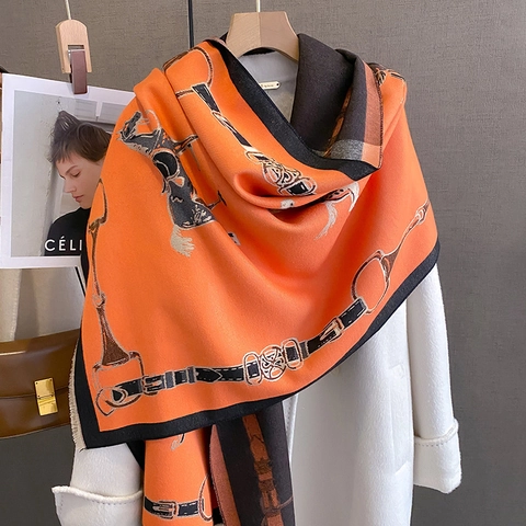 Sciarpa Scialle Stampa Equestre Vintage Finta Cashmere Spessa Calda Bifacciale Con Frange Da Donna