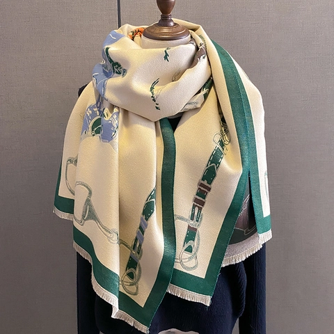 Sciarpa Scialle Stampa Equestre Vintage Finta Cashmere Spessa Calda Bifacciale Con Frange Da Donna