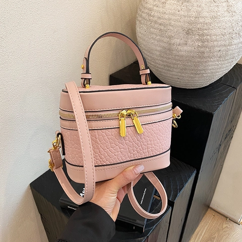 Women Retro PU Leather Box Crossbody Bag Textured Vanity Case Handbag With Gold Double Zippers And Adjustable Strap