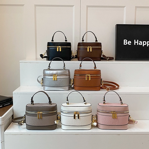 Women Retro PU Leather Box Crossbody Bag Textured Vanity Case Handbag With Gold Double Zippers And Adjustable Strap