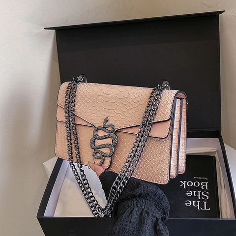 Vintage Python Embossed PU Leather Crossbody Bag For Women Metal Chain Snake Head Buckle Square Shoulder Bag Daily Party Gift