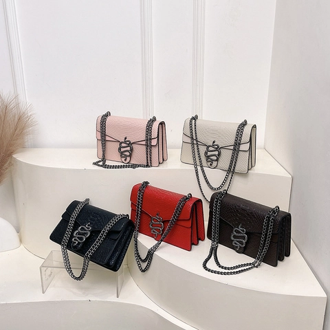 Vintage Python Embossed PU Leather Crossbody Bag For Women Metal Chain Snake Head Buckle Square Shoulder Bag Daily Party Gift