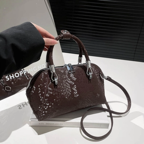 Borsa Boston Retrò Da Donna Motivo Serpente Pelle PU Doppia Cerniera Borsa A Tracolla Moda Guscio