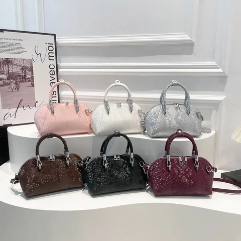 Borsa Boston Retrò Da Donna Motivo Serpente Pelle PU Doppia Cerniera Borsa A Tracolla Moda Guscio
