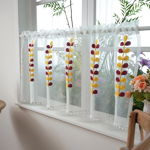 White Sheer Cafe Curtain Leaf Embroidery With Pom Pom Trim Small Window Half Curtain For Kitchen Bedroom Country Decor