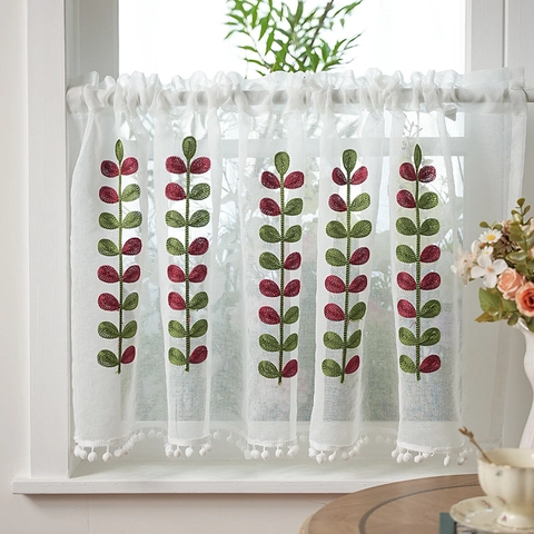 Embroidered Leaf Sheer Cafe Curtains With Pom-Pom Trim Rod Pocket Short Curtains For Kitchen Bedroom Small Window Home Decor