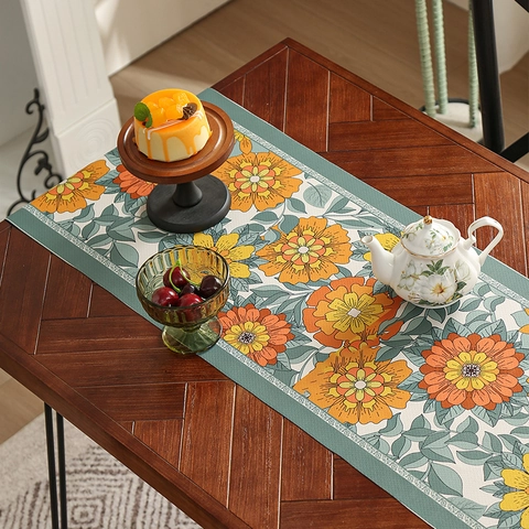 Wasserdichter Polyester Tischläufer Vintage Blumenmuster Verdickt Leichter Luxus Dekorative Küche Esstisch Läufer