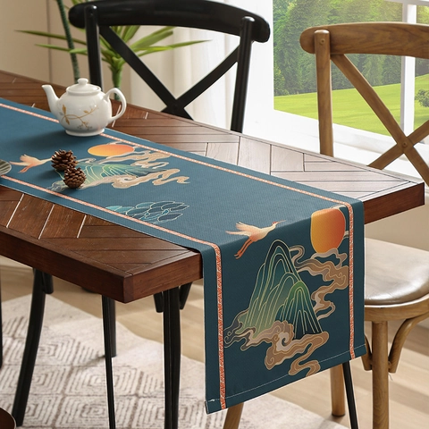 Tischläufer Polyester Wasserdicht Hitzebeständig Chinesischer Stil Landschaft Vintage Blumenmuster Für Haus Esszimmer Deko