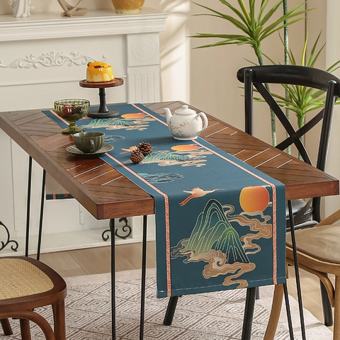 Tischläufer Polyester Wasserdicht Hitzebeständig Chinesischer Stil Landschaft Vintage Blumenmuster Für Haus Esszimmer Deko