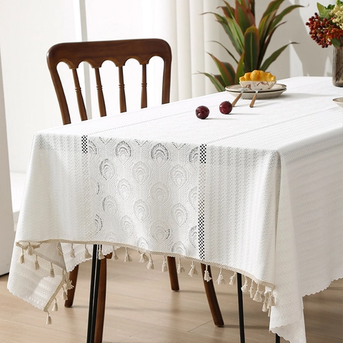 French Lace Tablecloth Hollow Out Jacquard Rectangular With Tassels Decorative Vintage Polyester For Dining Room