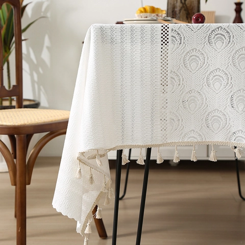 French Lace Tablecloth Hollow Out Jacquard Rectangular With Tassels Decorative Vintage Polyester For Dining Room