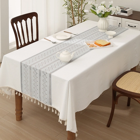 French Rectangular Tablecloth Polyester Jacquard Lace Thickened Tassel Edge Hollow Out Geometric Diamond Table Cover