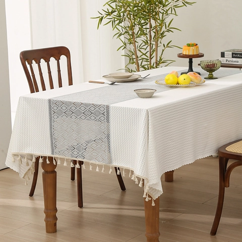 Rectangular Tablecloth Polyester Jacquard Lace Hollow Out Geometric Pattern Tassel Trim French Style Dining Room Decor