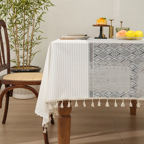 Rectangular Tablecloth Polyester Jacquard Lace Hollow Out Geometric Pattern Tassel Trim French Style Dining Room Decor