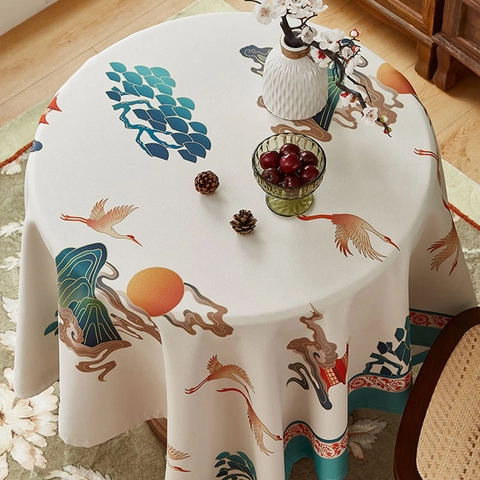 Nappe en Poliester Imperméable Résistante à l'Huile de Nouveau Style Chinois Impression Vintage Grue Pin Nuage Rétro