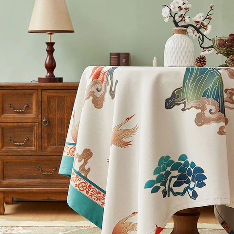 Nappe en Poliester Imperméable Résistante à l'Huile de Nouveau Style Chinois Impression Vintage Grue Pin Nuage Rétro