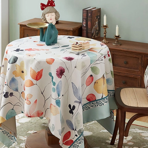 American Vintage Polyester Cotton Tablecloth Waterproof Oilproof Floral Leaves Printed Thickened Table Cover For Kitchen Dining Home Decor