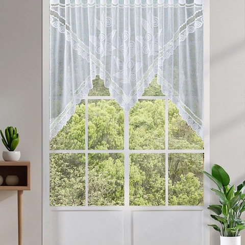 White Lace Cafe Curtain Polyester Floral Hollow Knitted Window Valance Bohemian Style Kitchen Door Decor