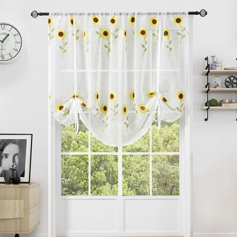 Sunflower Embroidered Sheer Roman Curtain Tie Up Window Gauze Panel For Bedroom Balcony Pastoral Style White Polyester