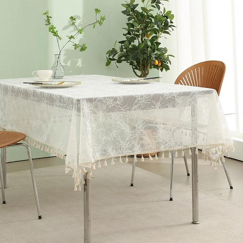 Weiße Tischdecke Im Amerikanischen Stil Spitze Eleganter Jacquard-Tischbezug Mit Baumzweigmuster Und Quasten Für Rechteckige Esstische