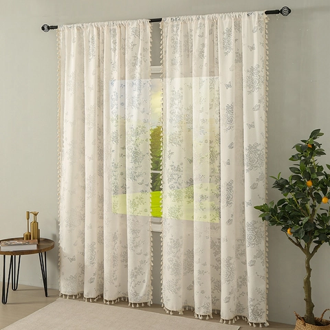 Floral Butterfly Jacquard Sheer Curtains With Tassel Edge Rose Pattern Polyester Voile Window Drapes For Bedroom Home Decor