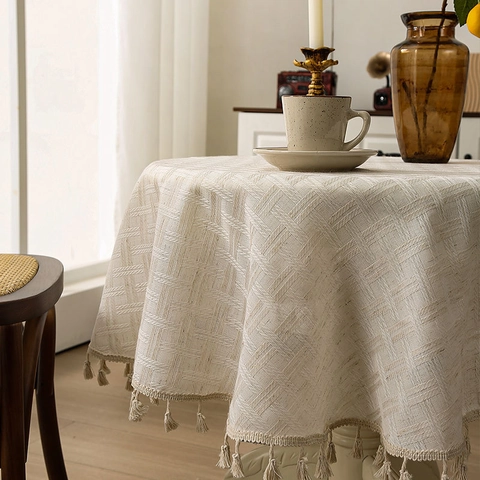 Nappe Polyester Aspect Lin Épaissie Avec Glands Antipoussière Pour Table À Manger Cuisine Style Rétro Français Blanc Crème