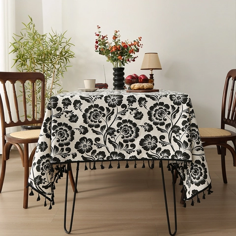 Mantel Rectangular Vintage Floral Con Borlas Mezcla De Poliéster Y Algodón Cubierta De Mesa Lavable Para Comedor Cocina Hogar