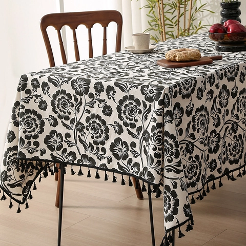 Mantel Rectangular Vintage Floral Con Borlas Mezcla De Poliéster Y Algodón Cubierta De Mesa Lavable Para Comedor Cocina Hogar