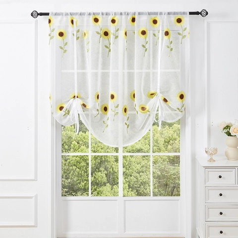 Sunflower Embroidered Sheer Roman Curtain Tie Up Window Gauze Panel For Bedroom Balcony Pastoral Style White Polyester