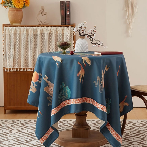 Amerikaanse Retro Waterdicht Tafelkleed Dikke Linnen Look Tafelkleed Voor Ronde Eettafel Kraanvogel Bloemen Decoratie