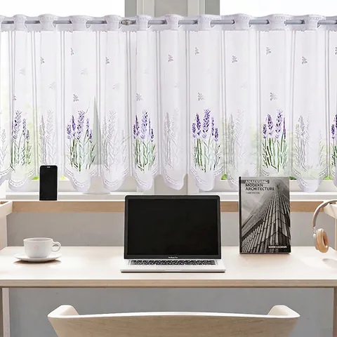 Cortina De Café De Encaje Con Bordado De Lavanda Blanco Borde Festoneado Translúcido Malla De Poliéster Media Cortina De Puerta Estilo Pastoral