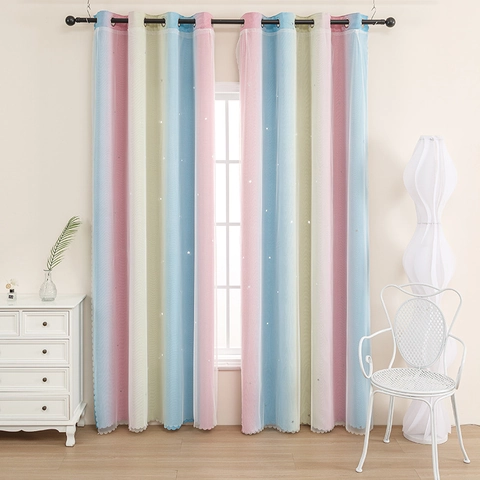 Double Layer Star Curtains Rainbow Gradient Sheer Lace Polyester Semi Blackout Grommet Top For Kids Room Bedroom Decor