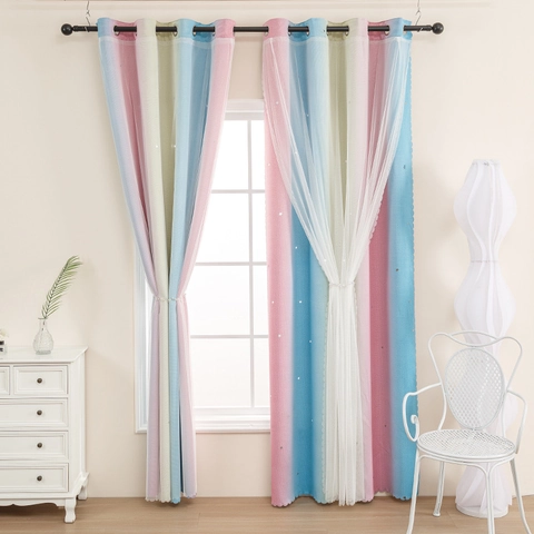 Double Layer Star Curtains Rainbow Gradient Sheer Lace Polyester Semi Blackout Grommet Top For Kids Room Bedroom Decor