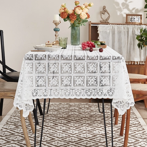 Vintage White Lace Tablecloth Floral Rose Pattern Hollow Out Rectangular Table Cloth For Dining Room Party Wedding Home Decor