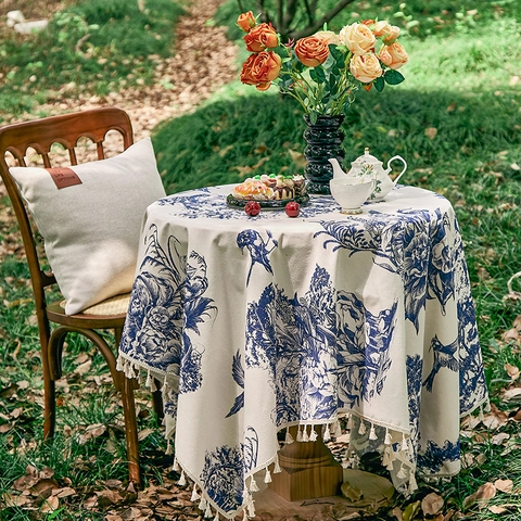 French Toile De Jouy Blue Floral Bird Pattern Tablecloth With Tassels Round Cream Table Cloth For Picnic Home Decor
