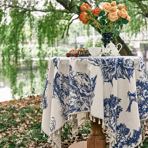 French Toile De Jouy Blue Floral Bird Pattern Tablecloth With Tassels Round Cream Table Cloth For Picnic Home Decor