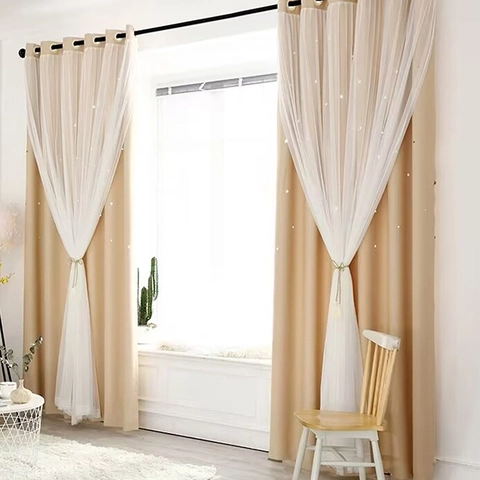 Double Layer Hollow Star Gradient Curtains Rainbow Tulle Grommet Top Blackout Drapes For Living Room Bedroom