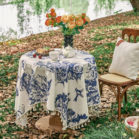 French Vintage Toile de Jouy Floral Bird Print Tablecloth Polyester Cotton Blend Table Cover With Tassels For Dining Picnic