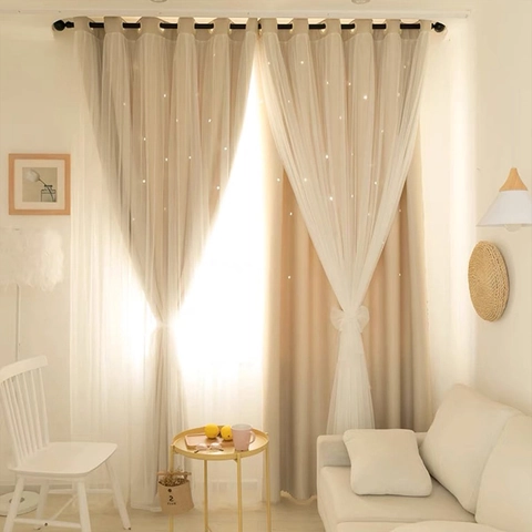 Double Layer Hollow Star Gradient Curtains Rainbow Tulle Grommet Top Blackout Drapes For Living Room Bedroom