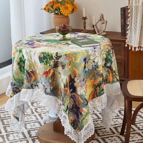 Mantel Floral Patrón Pintura Al Óleo Vintage Poliéster Con Borde De Encaje Estilo Pastoral Decorativo Para Mesa De Comedor